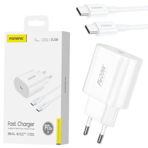 CARICATORE DA RETE 20W CON 1 PORTA TYPE-C (FAST CHARGE) + CAVO TYPE-C/TYPE-C - LUNGHEZZA 1 MT BIANCO EU39 FONENG BLISTER