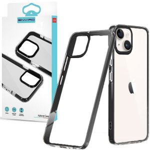 CUSTODIA per APPLE IPHONE 15 (6.1") IN TPU SILICONE TRASPARENTE CON CORNICE IN PC COLORE NERO HYBRID ENVIRO