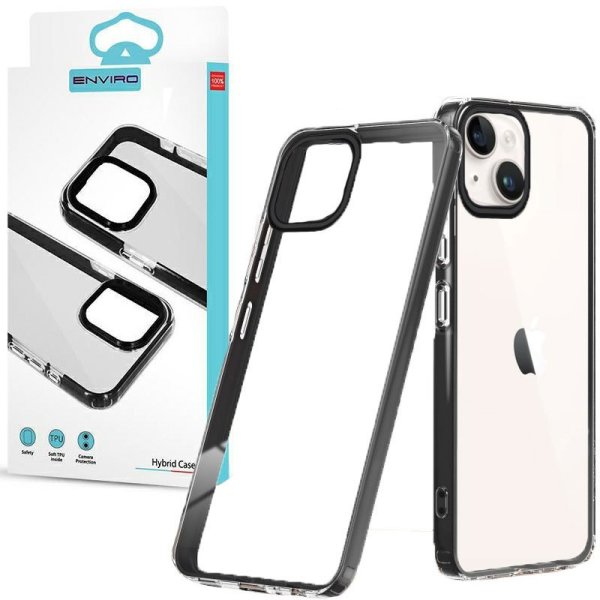 CUSTODIA per APPLE IPHONE 15 (6.1") IN TPU SILICONE TRASPARENTE CON CORNICE IN PC COLORE NERO HYBRID ENVIRO