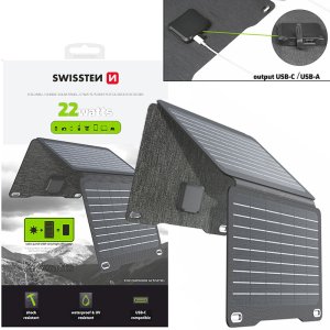 CARICATORE AD ENERGIA SOLARE PIEGHEVOLE 22W CON 1 PORTA USB + 1 TYPE-C WATERPROOF IP67 22013811 COLORE GRIGIO SWISSTEN