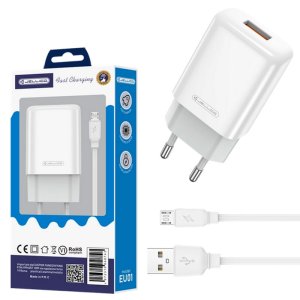 CARICATORE DA RETE 2400mAh 12W FAST CHARGING CON 1 PORTA USB + CAVO MICRO USB LUNGHEZZA 1 MT COLORE BIANCO JELLICO BLISTER