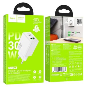 CARICATORE DA RETE GAN 30W CON 1 PORTA TYPE-C QUICK CHARGE 3.0 + 1 PORTA USB COLORE BIANCO N71 HOCO