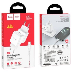 CARICATORE DA RETE 10W FAST CHARGING CON 1 PORTA USB + CAVO TYPE-C LUNGHEZZA 1 MT COLORE BIANCO HOCO N2 BLISTER