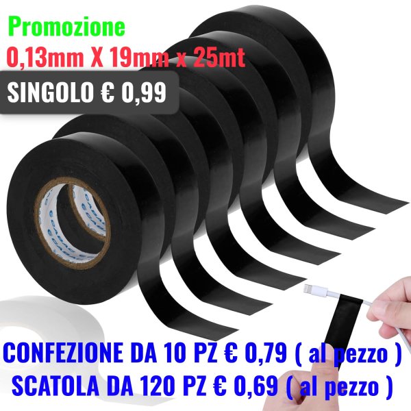 Promo in Quantità!NASTRO ISOLANTE IN PVC 0,13mm X 19mm LUNGHEZZA 25 Mt. COLORE NERO 600113NE POLIPLAST