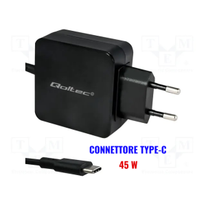 CARICATORE DA RETE UNIVERSALE 45W CON CONNETTORE TYPE-C per NOTEBOOK, MACBOOK, TABLET E PC - COLORE NERO 50134 QOLTEC