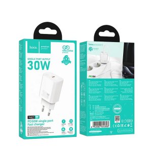 CARICATORE DA RETE 30W CON 1 PORTA TYPE-C FAST CHARGING CON TECNOLOGIA GAN COLORE BIANCO N62 HOCO