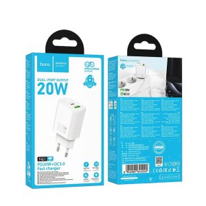 CARICATORE DA RETE 20W CON 1 PORTA TYPE-C QUICK CHARGE 3.0 + 1 PORTA USB A CON TECNOLOGIA GAN  COLORE BIANCO N61 HOCO